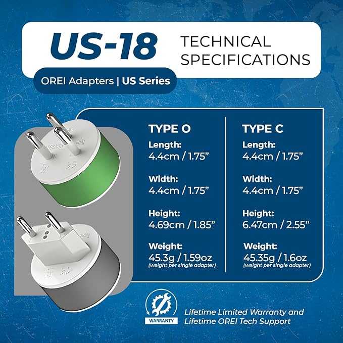OREI Thailand Power Plug Adapter with 2 USA Inputs - Travel 3 Pack - 2 x Type O, 1 x Type C (US-18) Safe Grounded Use with Cell Phones, Laptop, Camera Chargers, CPAP, and More
