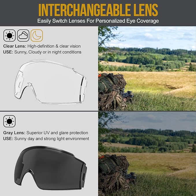 OneTigris Tactical Goggles Over Glasses, Anti Fog Tactical Eyeglasses, Safety OTG Goggles Protection with Interchangeable Len