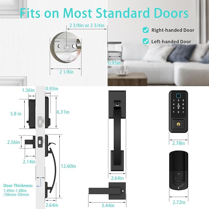 WiFi Front Door Lock with Handle Set, App Control, Smart Locks for Front Door Touchscreen keypad, Keyless Entry Door Lock Fingerprint Deadbolt, Auto Lock (Black)