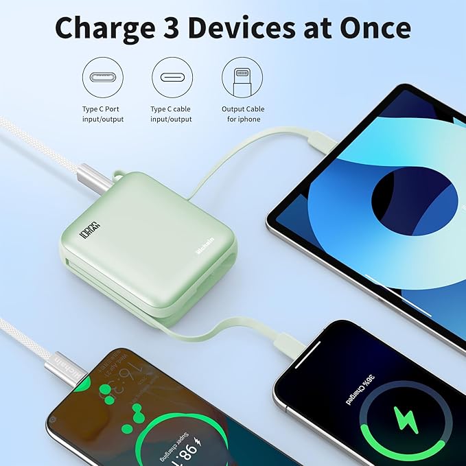 Hichain Portable Charger with Dual Built-in Cables 10000mAh Small Power Bank 22.5W Fast Charging Mini Powerbank LED Display Travel Essential Battery Pack for iPhone 17 16 15 14 13 All Series Green