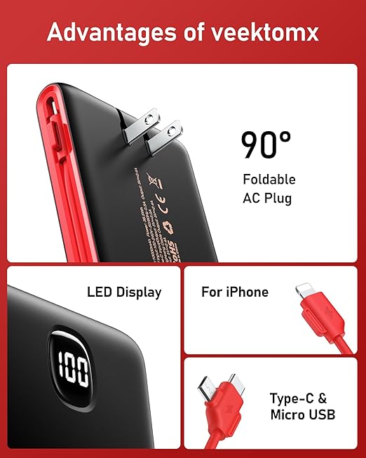 VEEKTOMX Portable Charger with Built in Cables 10000mAh, Power Bank for iPhone with AC Wall Plug, Fast Charging USB C Slim Battery Pack with LED Display Compatible with iPhone16/15/14/13, Samsung