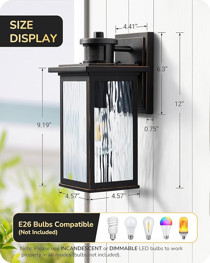 EDISHINE Motion Sensor Outdoor Wall Lights, Dusk to Dawn Exterior Lighting Fixtures, Front Porch Light with Clear Water Ripple Glass, Outdoor Wall Lantern for House, Garage, Black