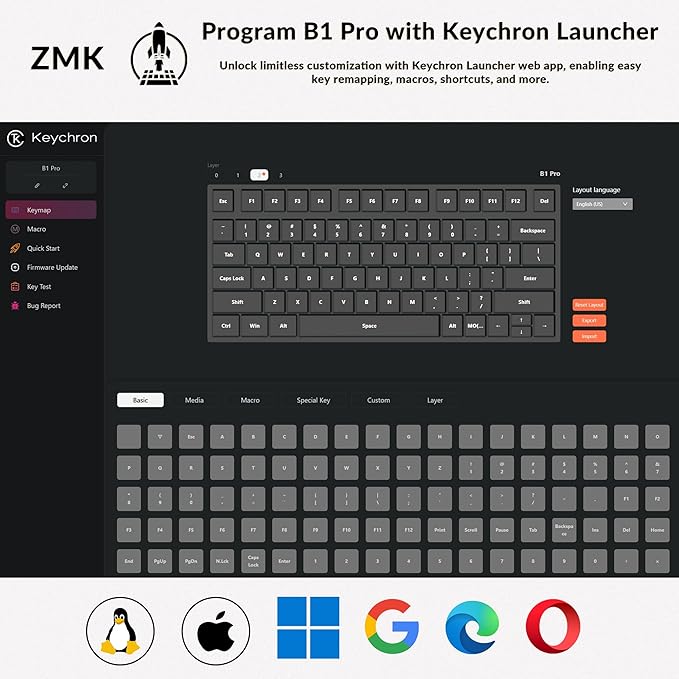 Keychron B1 Pro Ultra-Slim ZMK/Launcher Wireless Bluetooth 2.4 GHz/Wired Connection Keyboard for Mac Windows Linux - Retro Red
