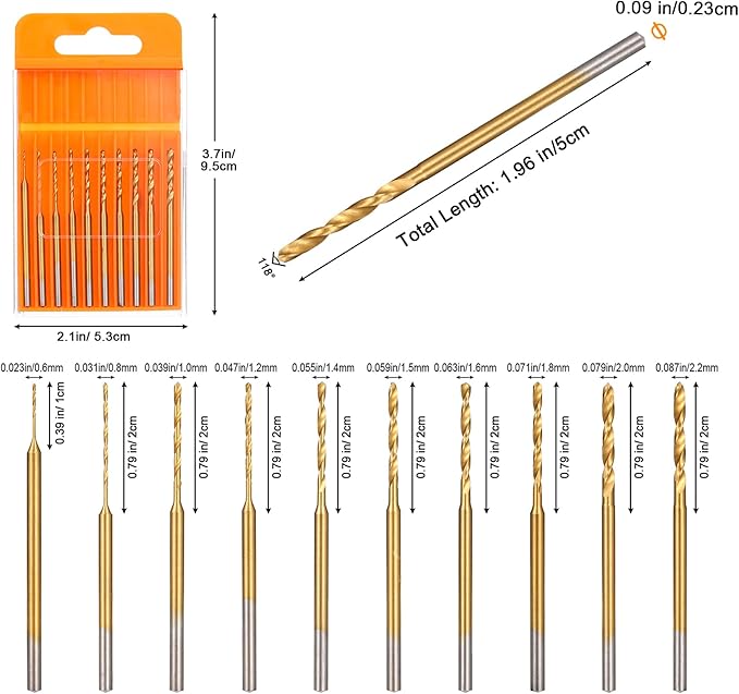 Mini Twist Drill Bit Set, 10Pcs Micro Engraving Drill Bits, 0.6mm-2.2mm, HSS 2.35mm Shank Titanium Coated Tiny Drill Bit Hole Drilling Tool for DIY Resin, Jewelry, Amber, Circuit Board, Walnut