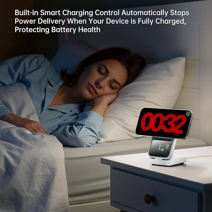 GUSGU 3 in 1 Wireless Charging Station with Real-Time Power and Time Display, Foldable Charging Stand, Compatible with iPhone 17/Air/16/15/14/13/, Apple Watch Series 11/SE3/ Ultra 3, AirPods Pro 3