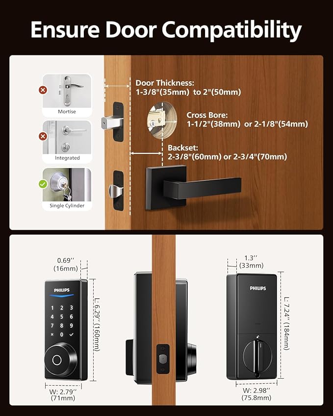 Philips Built-in WiFi Smart Lock, Keyless Entry Door Lock with App, Touchscreen, Indicator Light, Fingerprint Door Lock — Works with Alexa & Google, Splash-Proof Design, Includes 8 Batteries