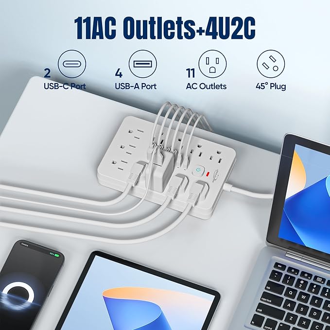 10 FT Flat Plug Surge Protector Power Strip,11 Multiple AC Outlets with 6 USB Ports (2 USB C), 6 Feet Extension Cord, 1250W/10A, One Touch Switch Button, White