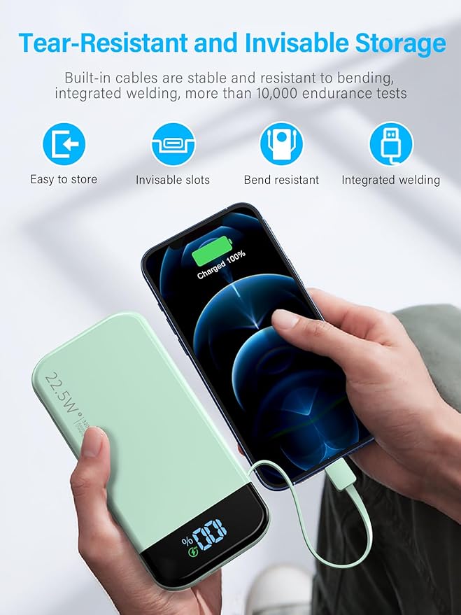 Portable Charger 32000mAh, 22.5W QC 3.0 PD 20W Smart LED Display Fast Charging Built in Cables Power Bank, External Battery Pack Charge 5 Devices Compatible with Cellphones (Green)