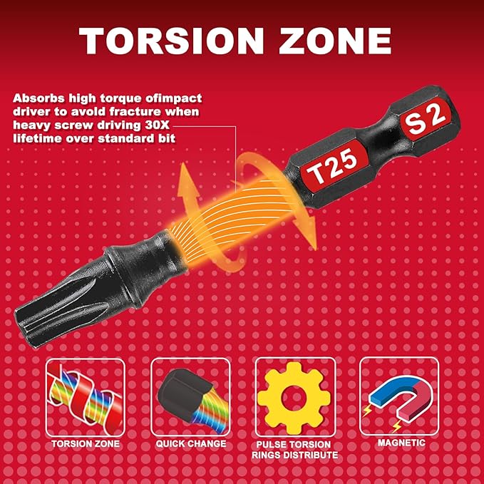 10 Pieces 2 In. T25 Impact Tough Magnetic Screwdriver Bit Set, #25 Torx Head Power Bits, S2 Alloy Steel Star Bits with Storage M-Box