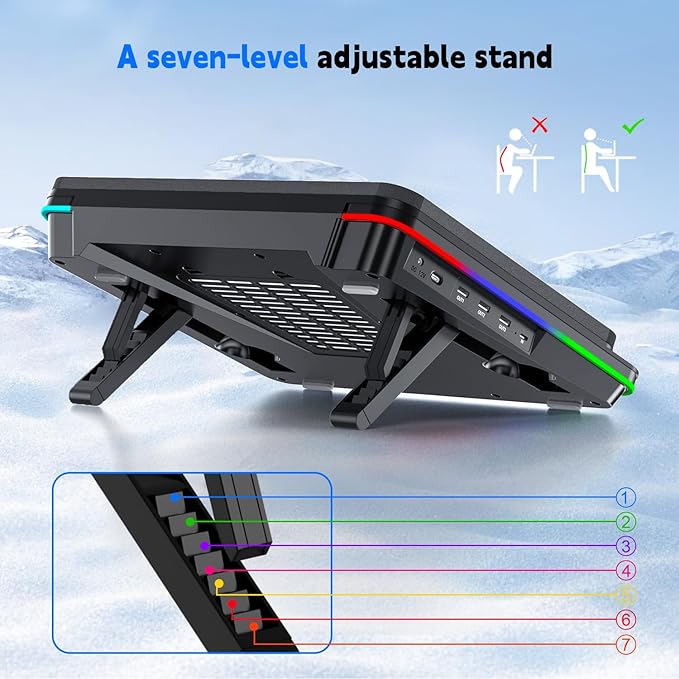 GT600 RGB Laptop Cooling Pad Equipped with Gigantic Turbo-Fan(5.5inch Diameter),Sealed Foam for Rapid Cooling Gaming Laptop,14.1-19.3 inch Laptop Cooler with 3-Port USB Hub,Dust Filter
