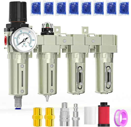 1/2" NPT 4 Stage Heavy Duty Industrial Grade, Auto Drain Air Drying System, Coalescing Filter, Particulate Filter, Double Desiccant Dryer and Air Regulator For Plasma Cutter and Paint Spray