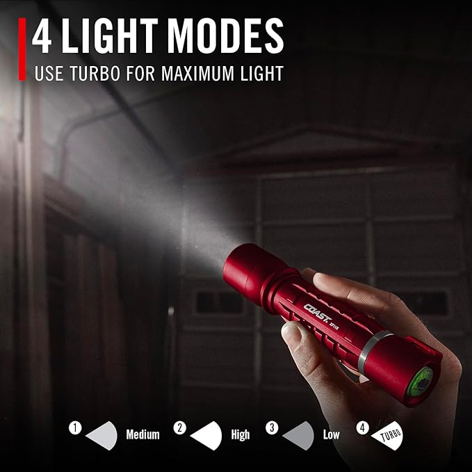Coast XP11R 2600 Lumen USB-C Rechargeable LED Flashlight with Slide Focus® and Pure Beam® Focusing Optic, 4 Light Modes, Red