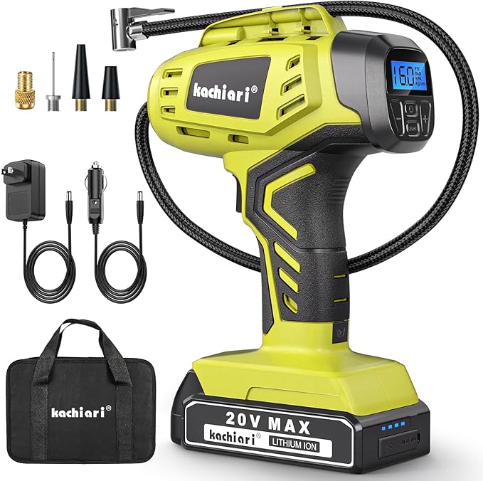 Tire Inflator Portable Air Compressor, 160PSI 20V Cordless Car Tire Pump, Rechargeable Battery Powered Air Compressor w/12V DC Adapter YELLOW-GREEN