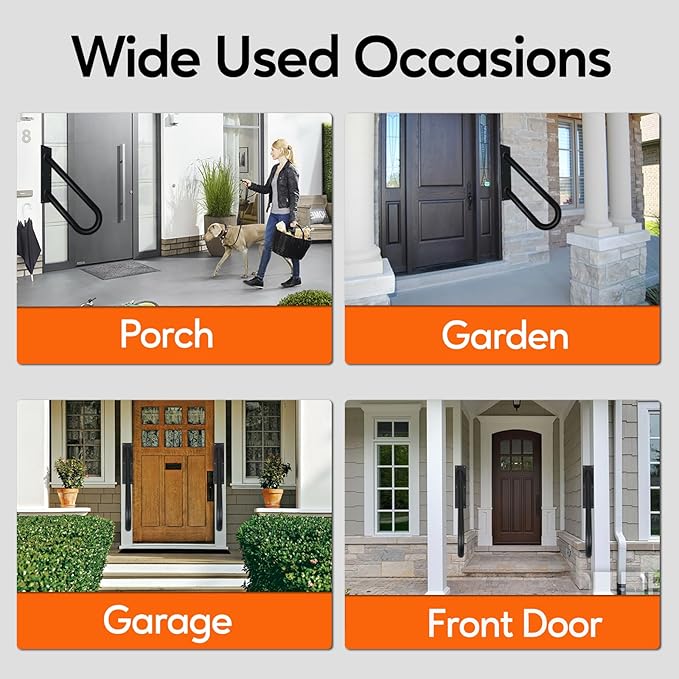 Outdoor Handrail for 1-2 Steps, 12" Length Wall Mount Stair Railing, 500LBS Strong U-Shaped Safety Grab Bar, Matte Black Metal