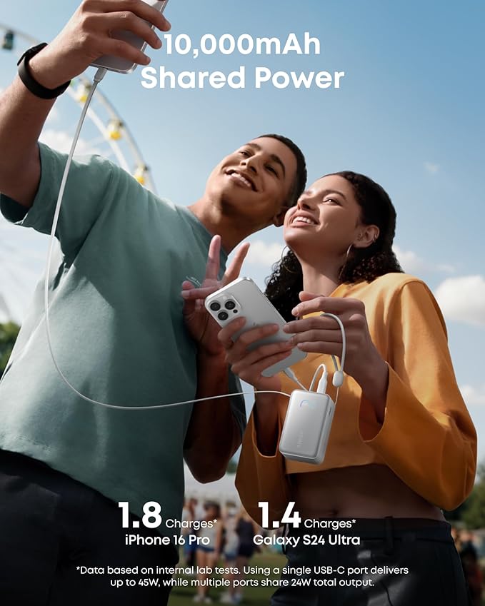 Anker Nano Power Bank, 10,000mAh Portable Charger with 2.3 ft InstaCord Retractable Cable, 45W Max Compact Battery Pack, Smart Display, for iPhone 16 Series, iPad, Galaxy, Pixel, and More