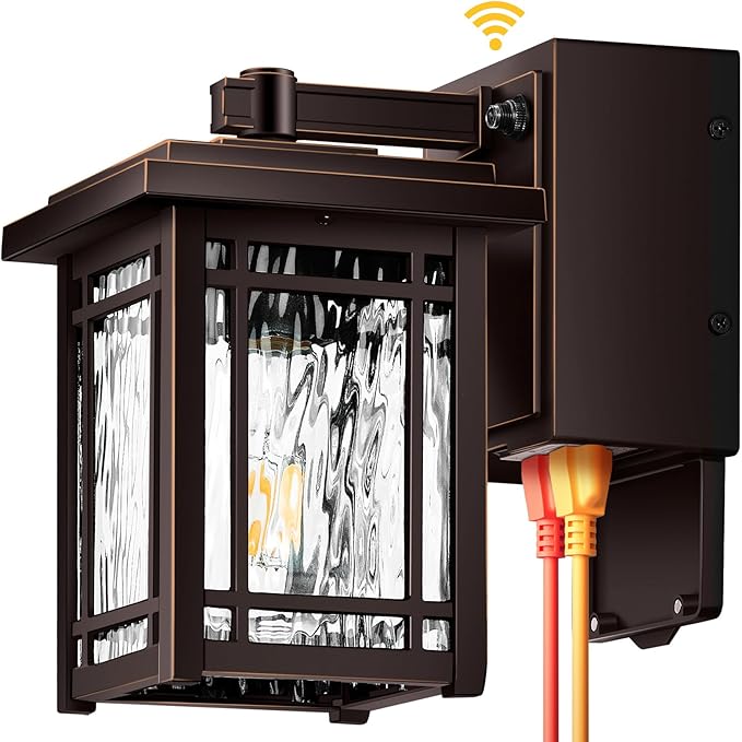 Front Porch Lights with GFCI Outlet, Oil Rubbed Bronze Dusk to Dawn Outdoor Wall Lantern, Anti-Rust Outdoor Garage Lights Wall Mount, Exterior Sconce Lighting Fixtures with Water Ripple Glass