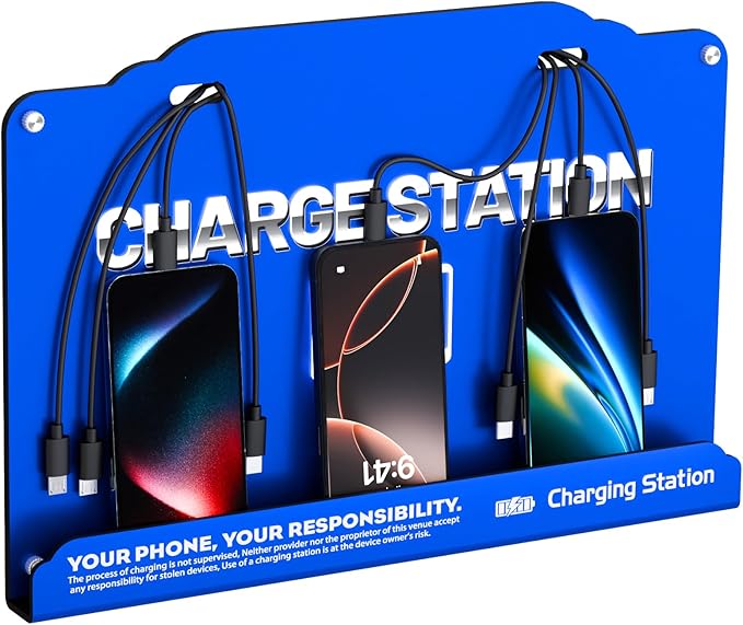 Wall Mounted 8 Port Charging Station with Fast Charigng Cables – Multi Device Charging Dock for Office, Hotel & Public Spaces | Compatible with iPhone ipad Smartphone Tablets Android Port (Blue)