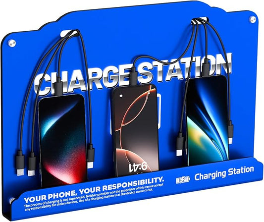 Wall Mounted 8 Port Charging Station with Fast Charigng Cables – Multi Device Charging Dock for Office, Hotel & Public Spaces | Compatible with iPhone ipad Smartphone Tablets Android Port (Blue)