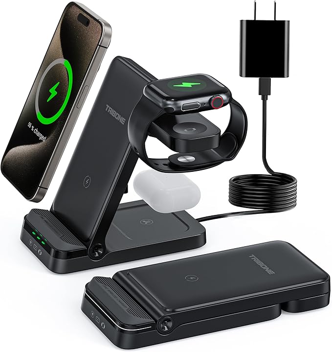 Wireless Charger, Tribone 3 in 1 Foldable Fast Charger for iPhone 16 15 14 13 12 11 Pro Max XR XS 8 Plus,for Multiple Devices,for Apple Watch 10 9 8 7 6 5 4 3 2 SE Ultra,for AirPods Pro 4 3 2, Black