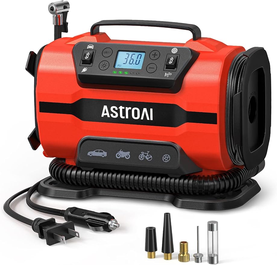 AstroAI Tire Inflator Portable Air Compressor Pump 150PSI 12V DC/110V AC with Dual Metal Motors &LED Light, Automotive Car Accessories&Two mode for car, bicycle tires and air mattresses, Red