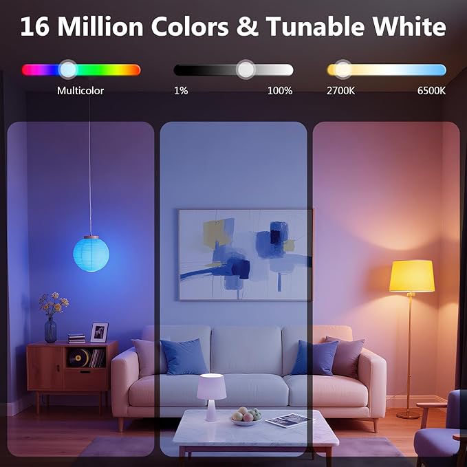 DAYBETTER Smart Light Bulbs, Smart Bulb That Compatible with Alexa & Google Home, 2.4G WiFi Bluetooth Alexa Light Bulbs, RGBCW Color Changing LED Light Bulb, 60W Equivalent, 800LM, 6Pack