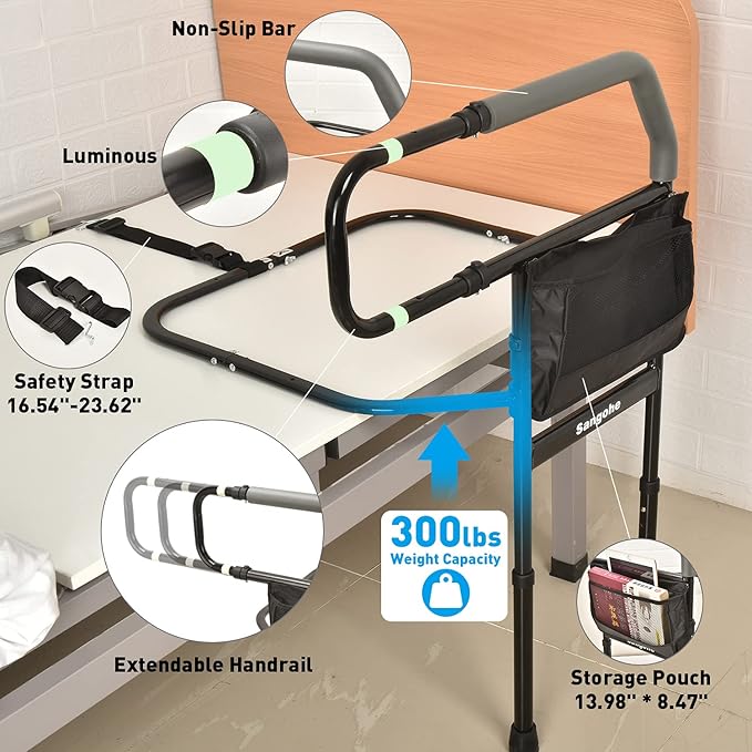 Sangohe Bed Rail for Elderly, Bed Assist Grab Bar Handle with Storage Pocket, Safety Bed Rails for Elderly Adults Getting in & Out of Bed at Home and Dorm - Fit King, Queen, Full, Twin