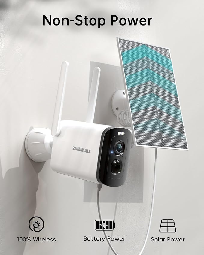 ZUMIMALL Solar Security Cameras Wireless Outdoor - 2 Packs, 2K Camera for Home Security with Color Night Vision, 2.4GHz WiFi, 2-Way Talk, Spotlight & Siren, IP66 Weatherproof, Compatible with Alexa