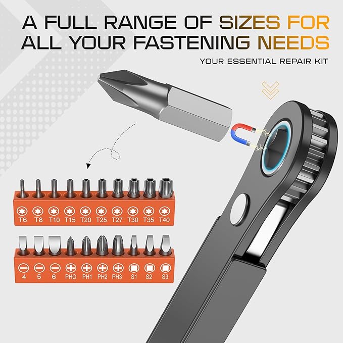 Right Angle Screwdriver Set: Mini Ratchet Screwdriver with Low Profile Offset Handle, Tamper Proof Torx, Hex Bits, Square Drive Bit, EDC Tool Set for Tight Spaces, Christmas Gifts for Men Dad Husband