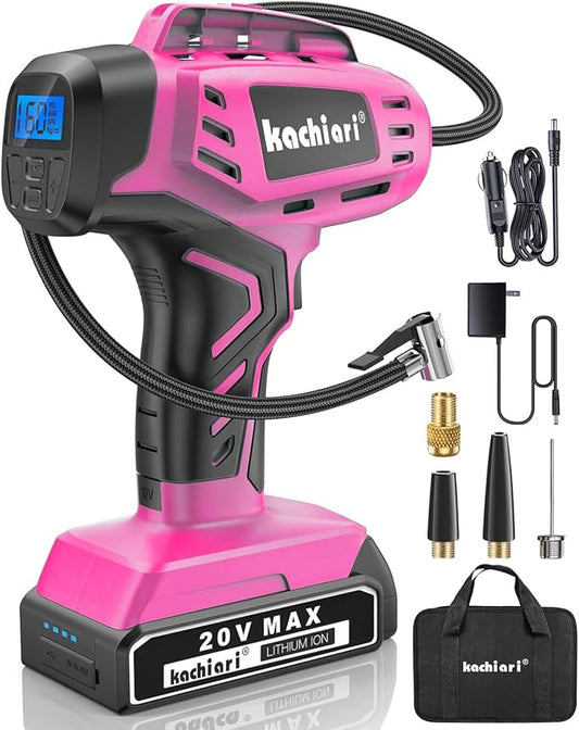 Tire Inflator Portable Air Compressor, 20V Cordless Car Tire Pump, Rechargeable Battery Powered Air Compressor w/12V DC Adapter Pink