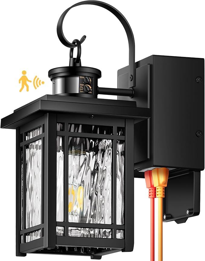 Outdoor Porch Light with GFCI Outlet, Motion Sensor Outdoor Light Fixtures Wall Mount, Black Exterior Wall Sconce Lantern with Ripple Glass, Anti-Rust Coach Lights for Garage, Patio, Front Door