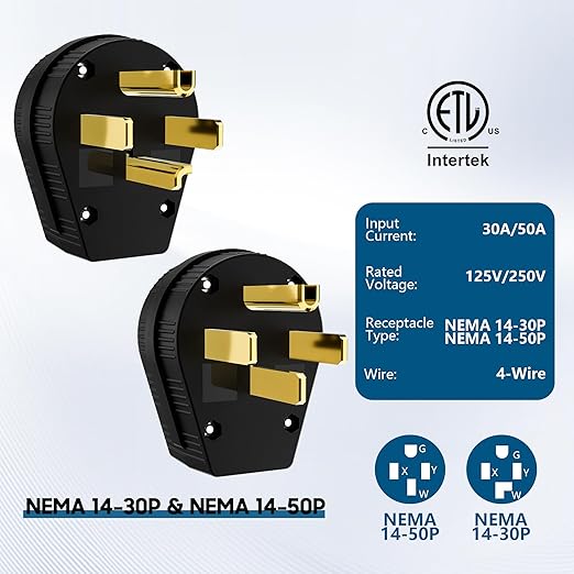 NEMA 14-30/50P Straight Blade Angle Plug 2Pack,AC Dryer Replacement Male Angle Plug,4 Pole 4 Wire Grounding Heavy Duty Universal Power Male connector for Dryers 30/50Amp,125/250Volt-with 1 Screwdriver