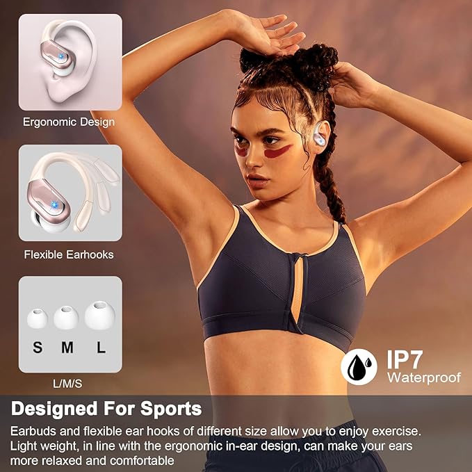Wireless Earbud, 75H Bluetooth 5.4 Headphones Sport IP7 Waterproof, Running Wireless Earphones with ENC Noise Canceling Mic, 3D Bass Over Ear bud with Earhooks for Android, iOS, Workout, Gym, Rosegold