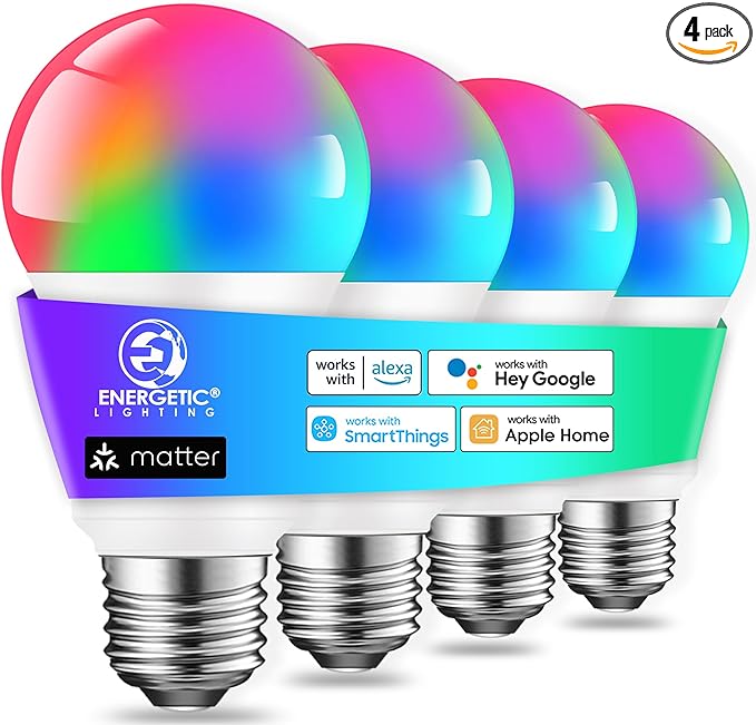 Energetic Light Bulbs Work with Alexa/Apple Home/Google Home/SmartThings, Matter Smart A19 LED Light Bulb, E26 RGB Smart Bulbs, 60W Equivalent, 800LM, 2.4 Ghz WiFi Only, Smart Speaker Required, 4 Pack