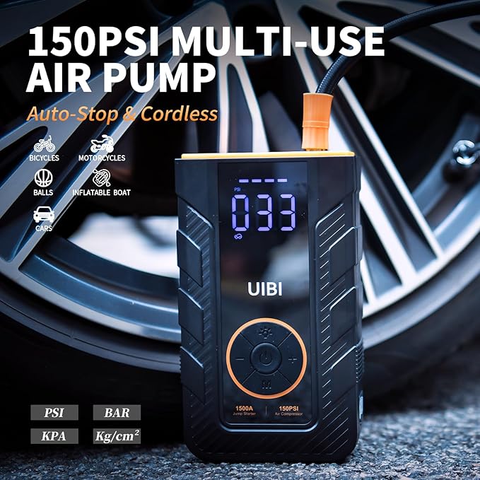 Jump Starter with Air Compressor, X3 1500A Car Battery Jumper Starter Portable for 8.0L Gas or 6.0L Diesel Engine, 12V Jump Box with Smart Jumper Cables, 150PSI Tire Inflator, PD45W, LED Light