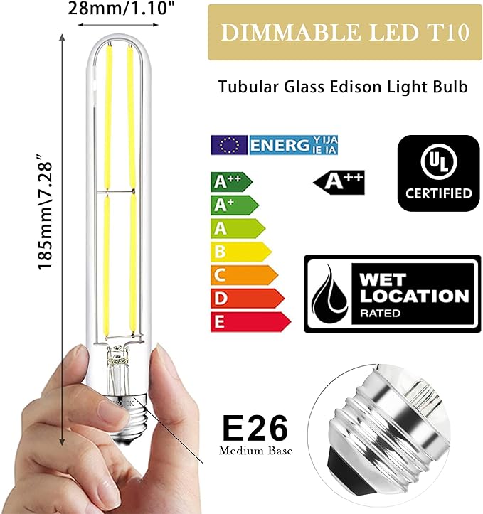 7.3 Inch E26 Led Bulb 6W Dimmable, 5000K Daylight Edison Bulbs 800LM, Equal 80 Watt Tubular T10 T9 Long Clear Glass Light Bulb for Rustic Pendant Industrial Pipe Wall Sconces - 6Pack