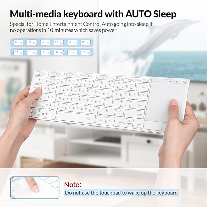 Rii K22S 2.4G Wireless and Bluetooth Touch TV Keyboard with Easy Media Control and Built-in Touchpad,Stainless Steel Compact Keyboard for Windows, Android, Chrome OS, Laptop, Tablet - White