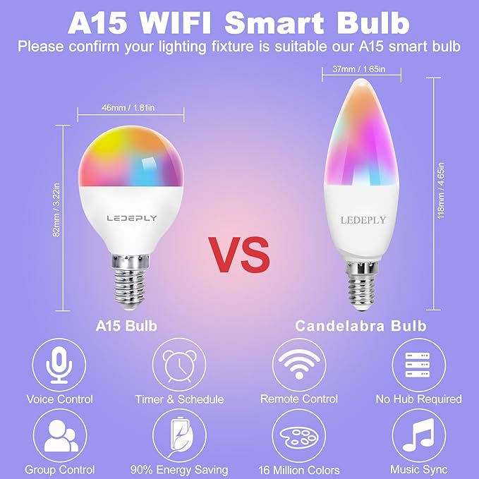 A15 LED Smart Bulb, 5W=40W,Compatible with Alexa, Google Assistant, E12 Base, Dimmable, 2.4G WiFi ONLY, RGB Color Changing, Tunable White 2700K-6500K, Globe Shape, G45 Ceiling Fan Light Bulbs 4 Pack