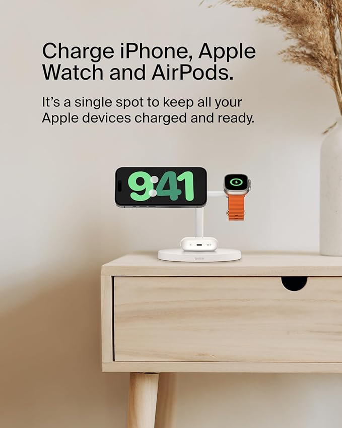 Belkin MagSafe-Compatible Charger, 3-in-1 Wireless Charging Station, Qi2-Certified 15W Wireless Charge for Apple iPhone 16 Series, Apple Watch, AirPods w/Non-Slip Base, 40W Included - White