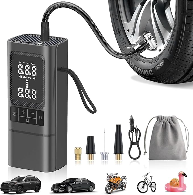 Tire Inflator, Portable Air Compressor for Car with Touch Screen, 150PSI Cordless, Fast Inflation (0-2.5BAR in 10min), Power Bank & LED Light, Auto Shut Off for Bike, Motorcycle, Ball-Black