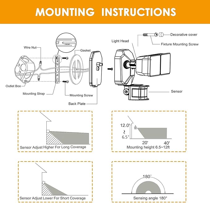 EMANER Dusk-to-Dawn Security Lights with Motion Sensor, 5000K IP65 Waterproof Outdoor, 280W Equiv. 110V 120V Dual-Head Rotatable LED Flood Light for Porch, Garage, Yard, Driveway