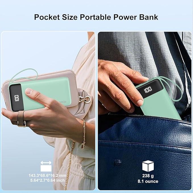 Portable Charger 10000mAh Power Bank with Built-in Cable, 5 Output 2 Input Travel Essential External Battery Pack with LED Display Compatible with iPhone 16/15 Samsung S22 Android,etc