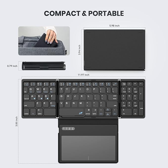 Foldable Bluetooth Keyboard, Portable Full Size Folding Keyboard with Large Touchpad, Numeric Keypad, PU Leather, Wireless TravelKeyboard for Windows Android Mac(Sync up to 3 Devices)
