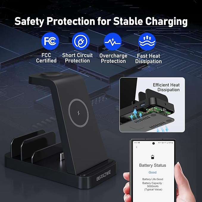Wireless Charger for Samsung Charging Station, 5 in 1 Wireless Fast Charger for Galaxy S25 Ultra/S24 Ultra/S23/S22, Watch Ultra 7/6/5/4/3, Charger Dock Stand for All Galaxy Tab Series,Black