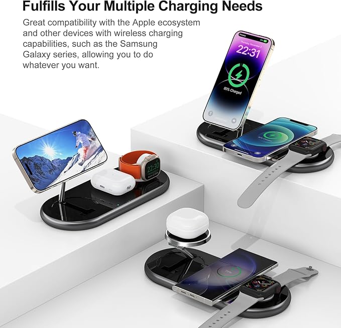 3 in 1 Charging Station for Apple Devices, Faster Mag-Safe Charger Stand, Magnetic Wireless Charger Station for iPhone 16 15 14 13 12 Series, for iWatch Ultra 10 9 8 7 SE 6 5 4 3, for AirPods (Black)
