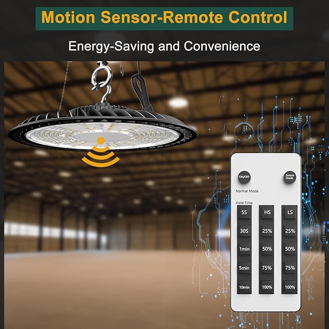 250W High Bay LED Shop Lights 37500lm UFO LED Lights AC100-277V UFO High Bay Light with Smart Control Supports Normal Mode & Motion Sensor Mode(Energy Saving)-4Pack