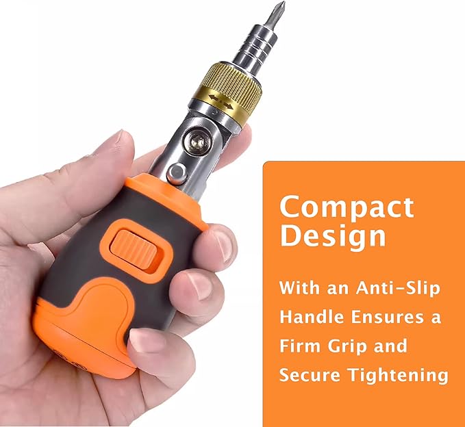 8-in-1 Magnetic Ratcheting Screwdriver Set with Phillips/Torx/Hex/Square Heads - 180° Pivoting Angle, Compact Electrician & DIY Hand Tool Kit Small Mini Set (Orange)