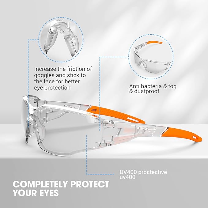 DILANCO Clear Safety Glasses Goggles, Adjustable Frames and Scratch-Resistant with No-Slip Grips Safety Glasses for Women Men