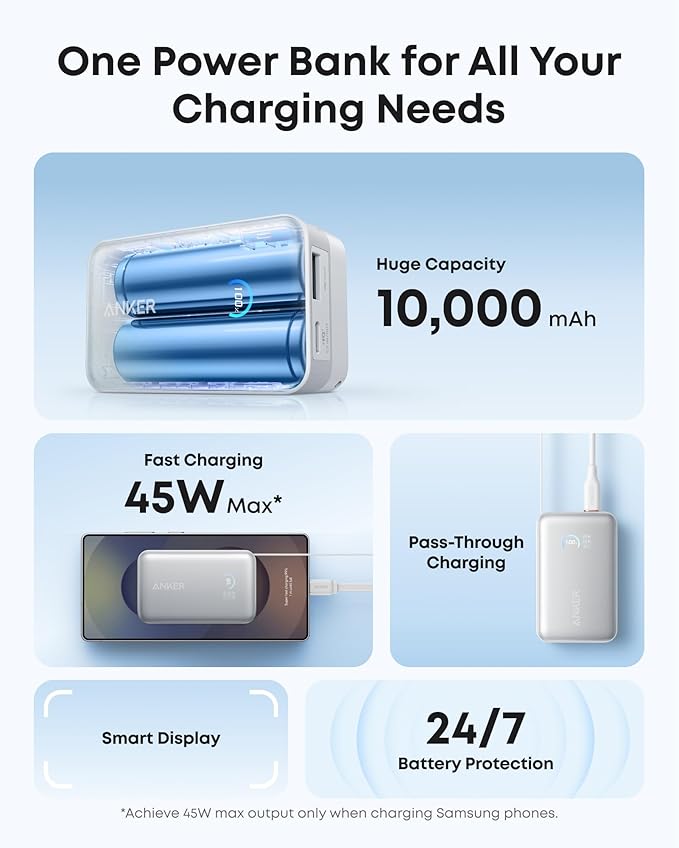 Anker Nano Power Bank, 10,000mAh Portable Charger with 2.3 ft InstaCord Retractable Cable, 45W Max Compact Battery Pack, Smart Display, for iPhone 16 Series, iPad, Galaxy, Pixel, and More