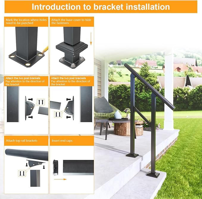 DIYHD 4 Step Handrail for Outdoor,Powder Coated Iron Stair Railing,Black Hand Rails for Indoor, Porch,Deck,1 Pack