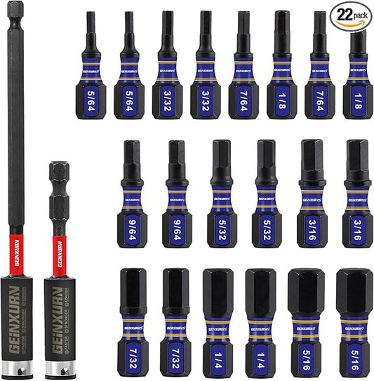 20Pieces 1 In. Hex Head Impact Tough Magnetic Allen Wrench Drill Bits Set, Multi Hex Head SAE Power Bits Set, S2 Steel Hex Screwdriver Bit set with 3”6”Extension Bit Holder